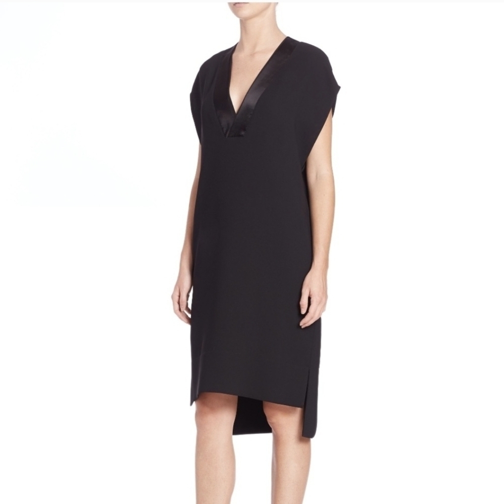 NWT Vince Black Satin Trim V-Neck Crepe Shift Dress